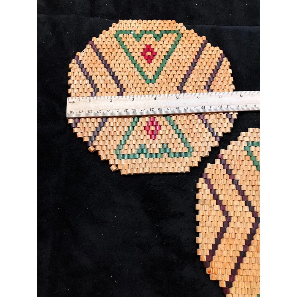Wooden Bead Trivets Set of 2 Tan Green Geometric Vintage